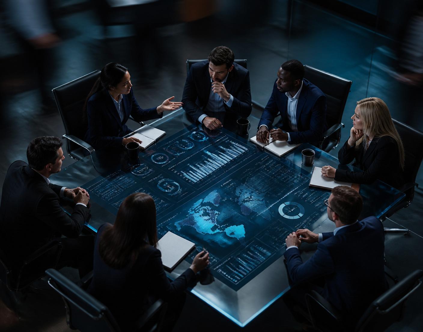 Cross-functional team collaborating around a digital transformation dashboard